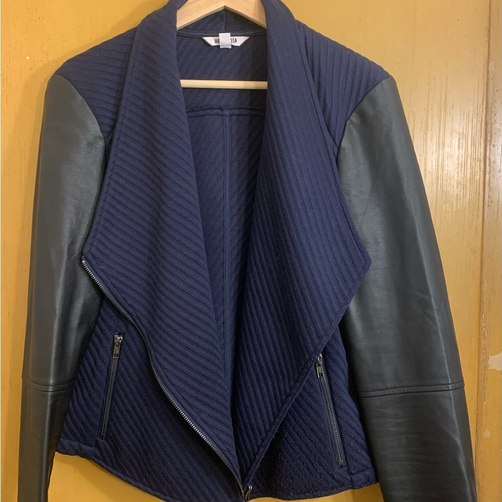 BB Dakota knit asymmetrical jacket with faux leather sleeves